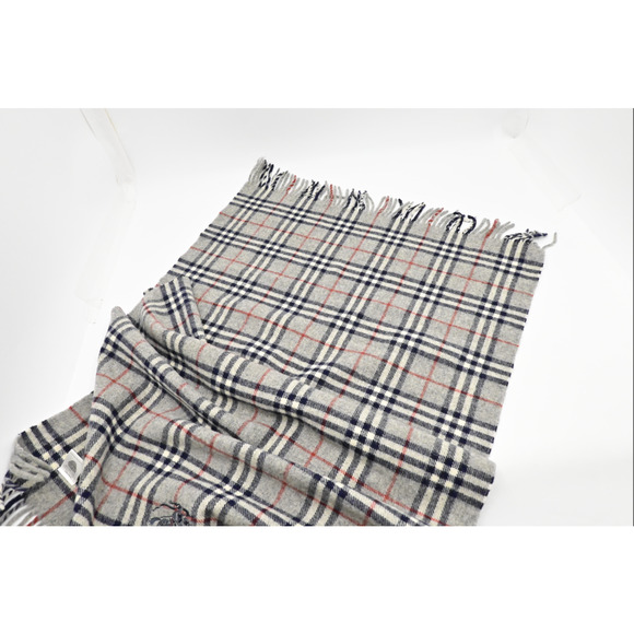 Burberry Scarf Muffler Gray Check Navy and Red Women Men Authentic Wool - Picture 6 of 8